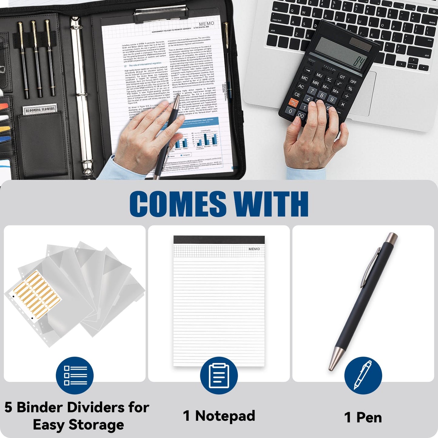 NATISERAUM Portfolio Binder 3 Ring Includes Pen and 5 Dividers with 10 Pockets, Padfolio Organizer with Zipper for Men and Women, Includes A4 Notepad for Business, School, Work