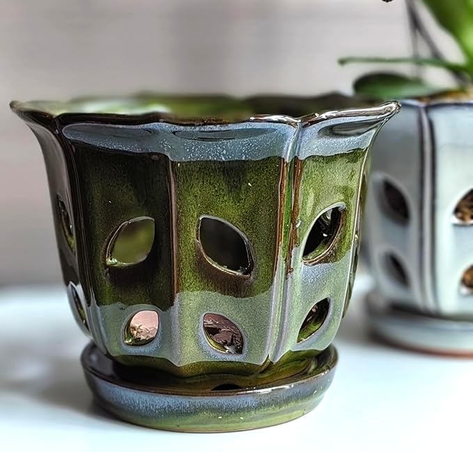 Orchid Pots with Holes 6 inch Ceramic Orchid Pot with Attached Saucer and Drainage Hole (mossgreen)