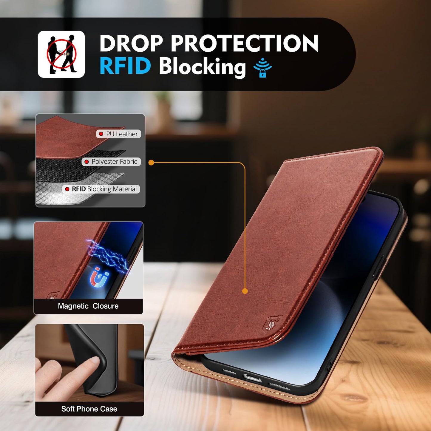 Scutumate Compatible with iPhone 14 Pro Max Case Wallet with Card Holder [4 Card Slots] Kickstand [RFID Blocking] PU Leather Phone Case Flip Protective Cover Shockproof,for Apple 14 ProMax,Brown