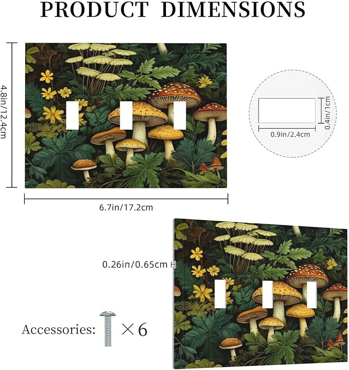 Mushrooms Forest Nature Botanical Art Light Switch Covers 3 Gang Triple Toggle Wall Plate Decorative Switchplate Electrical Faceplate for Farmhouse Living Decor