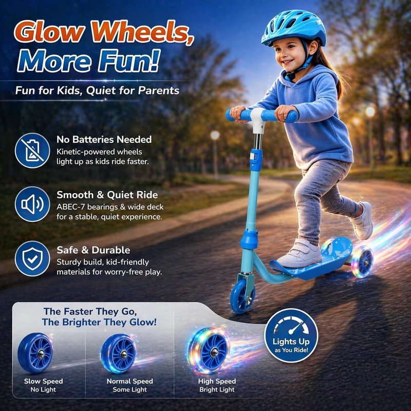 Kids Scooter for Ages 3-7 | Three-Wheel Toddler Kick Scooter with Light-Up Wheels, Adjustable Handlebar & Anti-Slip Deck - Blue