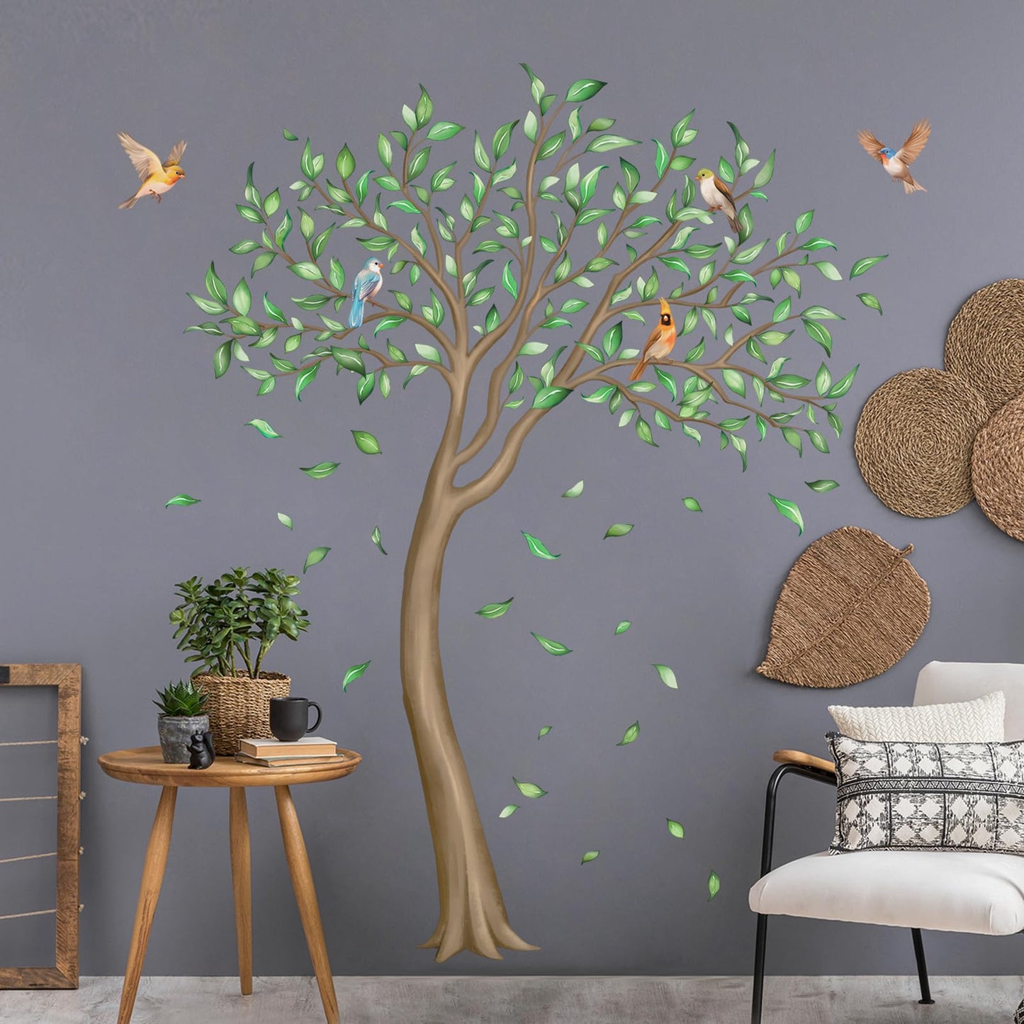 Large Green Tree Wall Decals, Falling Leaves Birds Wall Stickers Vinyl Peel and Stick Wall Decal Self Adhesive Wall Art Sticker for Aisle Bedroom Office Sofa Backdrop Wall Home Decor (W56.7 * H65.4in)