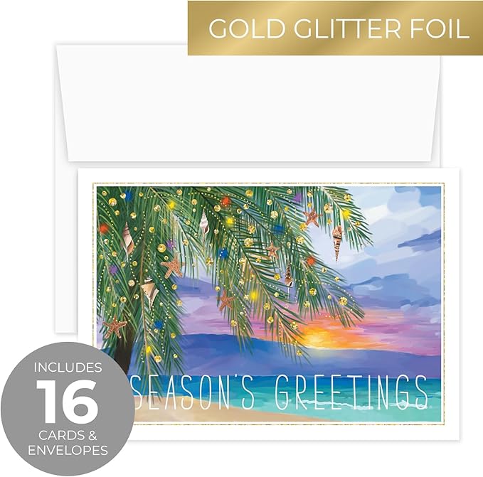 Canopy Street Masterpiece Tropical Sunset Cards / 16 Coastal Holiday Card Set With White Envelopes / 5 5/8" x 7 7/8" Warm Weather Palm Tree Vacation Greeting Cards With Meaningful Inside Verse