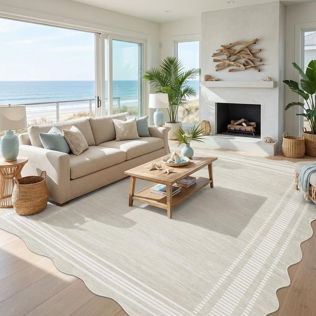GarveeHome Scalloped 9x12 Area Rugs for Living Room Non-Slip, Modern Neutral Washable Rugs for Bedroom Large Solid Farmhouse Rug Bordered Carpet for Apartment Table Dorm Nursery, Cream 9x12