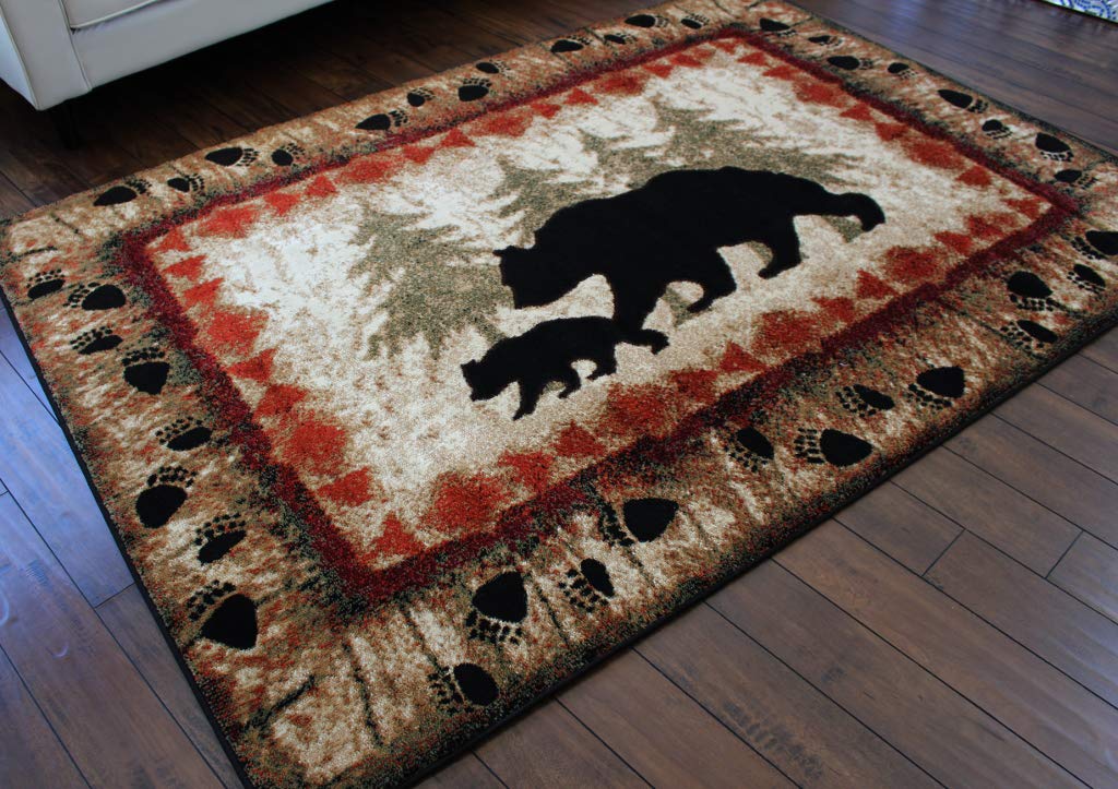 Masada Rugs, Cabin Lodge Area Rug Bear and Cub Scene (4 Feet X 5 Feet)