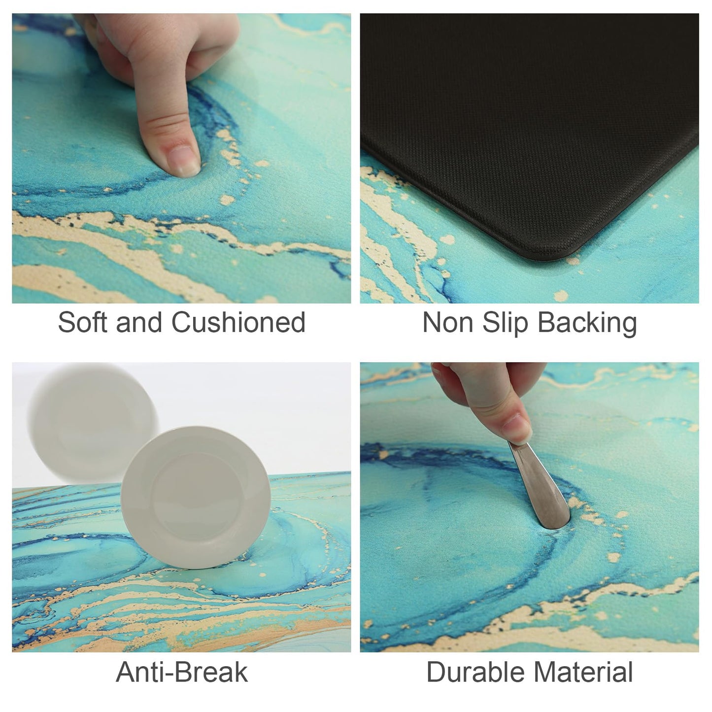 MAYHMYO Kitchen Rugs and Mats Set of 2 Teal Marble Gold Anti Fatigue Mat PVC Non Slip Turquoise Foam Cushioned Kitchen Mats for Floor Dining Room Home Office Sink Laundry