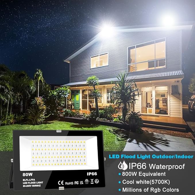 LED Flood Light Outdoor 800W Equivalent 8000LM RGB Landscape Light Controlled by BRmesh APP , No Remote, DIY Scenes - Timing - 5700K Daylight White - Color Changing Uplight, IP66 US Plug MELPO(4 Pack)