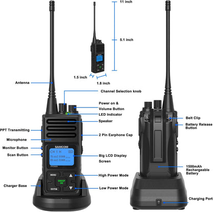 SAMCOM FPCN30A Two Way Radios Long Range 5 Watts Walkie Talkies for Adults Rechargeable 2 Way Radios UHF Programmable Handheld Business Radio 1500mAh Battery with Earpieces,Group Call, 6 Packs