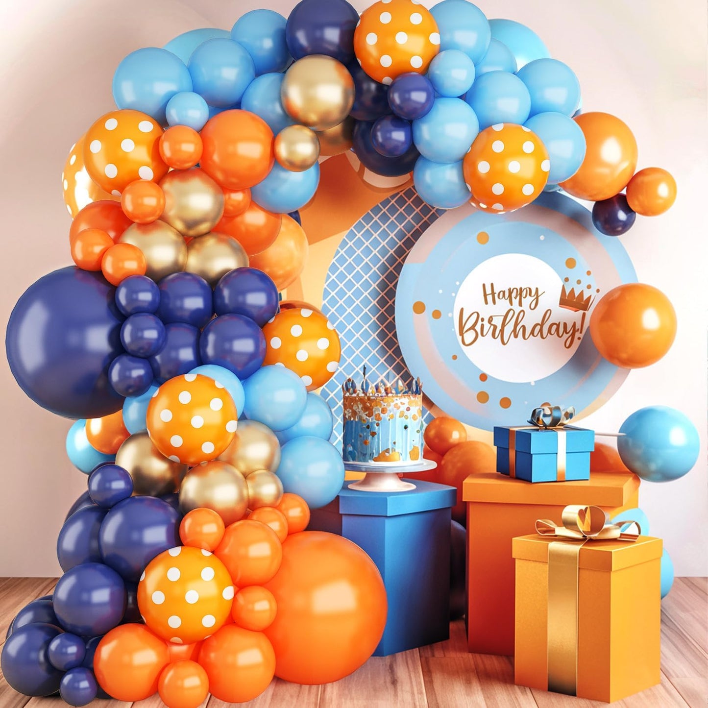 Blue and Orange Balloons Arch Kit, 108 Pcs Navy Blue Balloon Garland Kit with Metallic Gold Orange Dot Latex Balloons for Kids Boys Cartoon Theme Party Baby Shower Boys Birthday Decorations