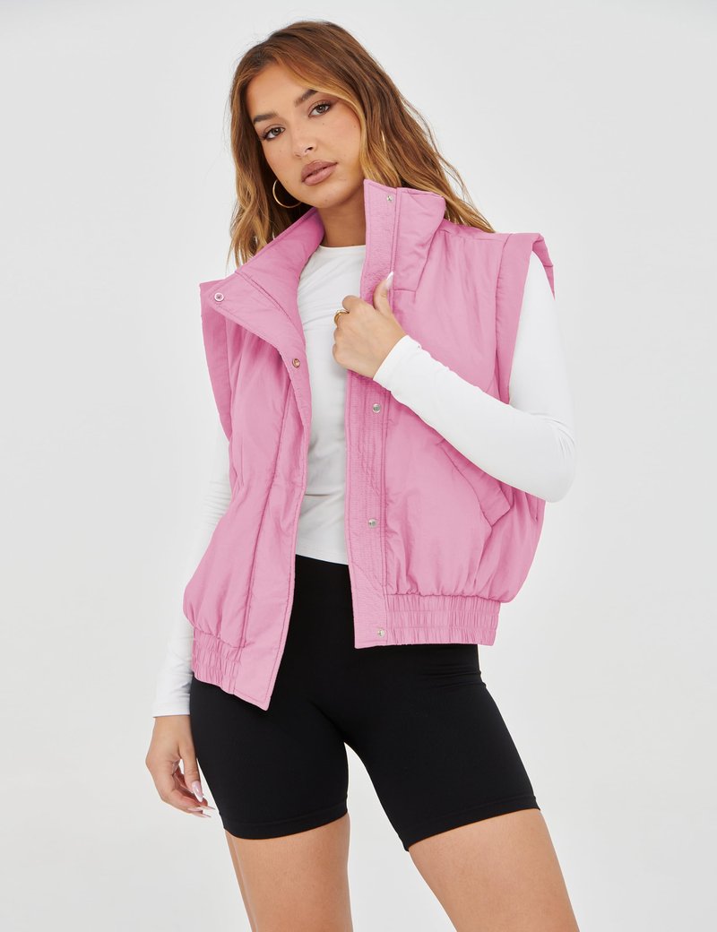 Lviefent Womens Puffer Vest Cropped Lightweight Button Down Quilted Vest Sleeveless Padded Gilet Coat with Pockets (Pink-M)