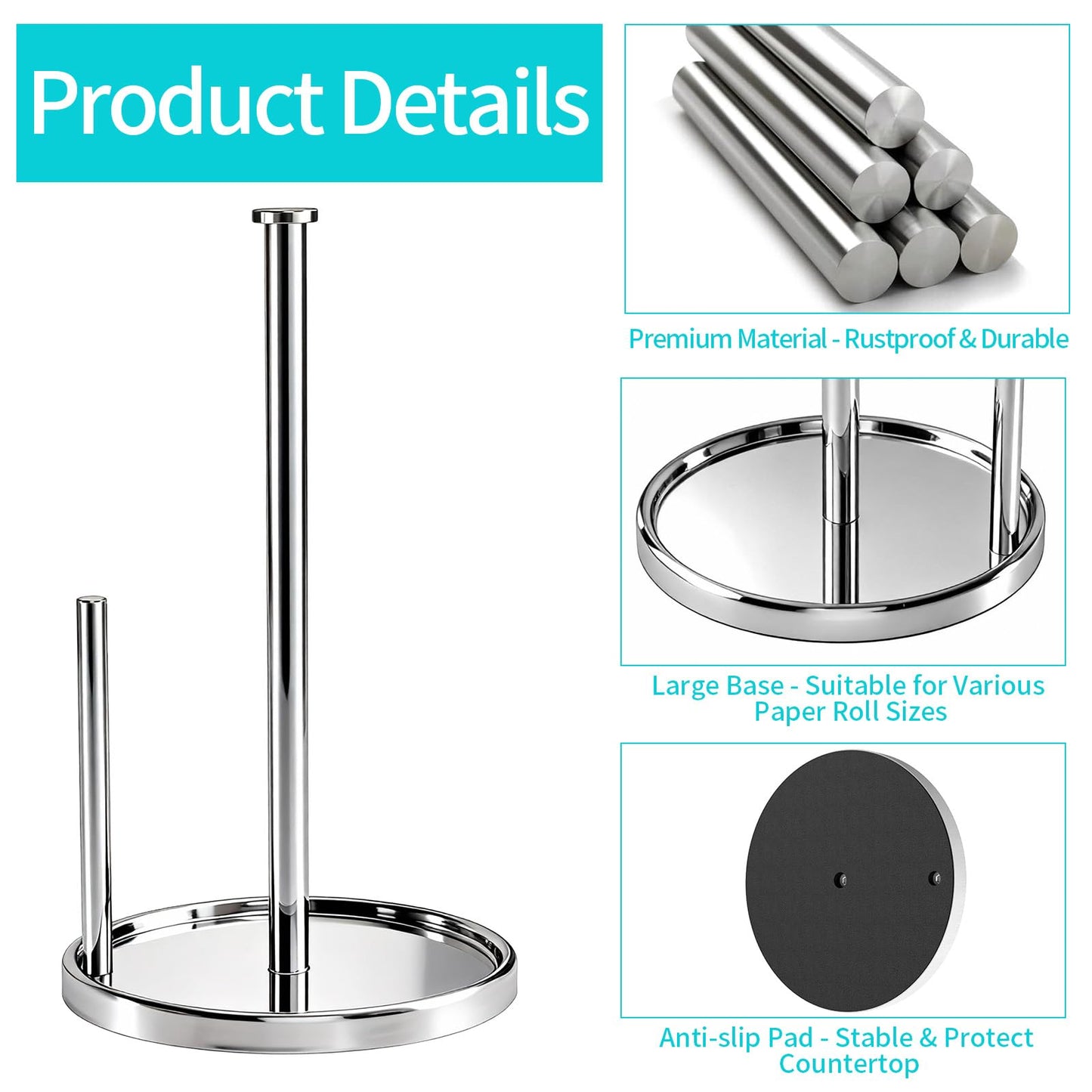 Paper Towel Holder Countertop, Standing Paper Roll Holder with Anti Slip Weighted Base, Stainless Steel Freestanding Paper Towel Holder for Kitchen, Chrome