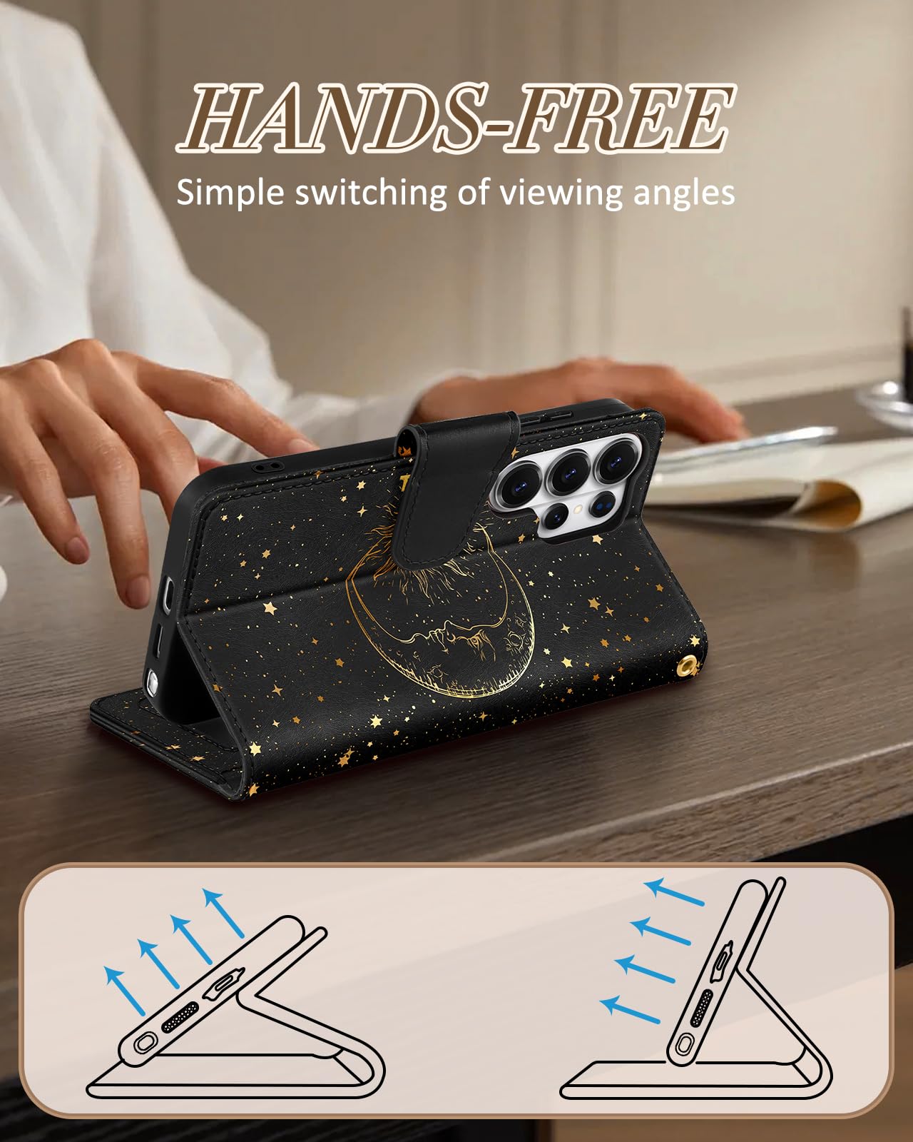 Toycamp for Samsung Galaxy S26 Ultra Wallet Case with Wrist Strap - Leather Flip Folio Phone Case with RFID Blocking 4 Card Slots Galaxy S26 Ultra Funda Cute Aesthetic for Women Lady, Black Sun Moon