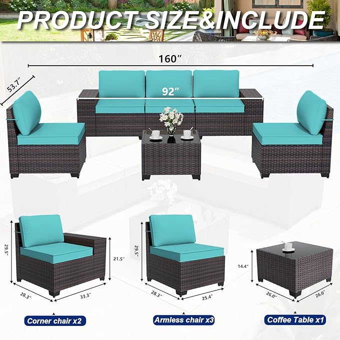 ALAULM 6 Pieces Patio Furniture Set, Oversized Seat/Armrest and High Back Wicker Sectional Furniture Set with Thick Cushion for Backyard, Garden, Turquoise