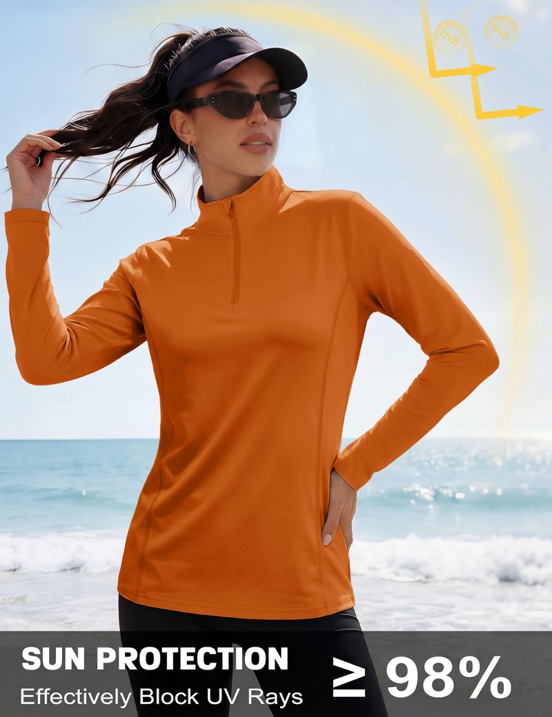 MAGCOMSEN Shirts for Women 1/2 Zip Pullover Sun Shirts for Women Long Sleeve Uv Protection Quick Dry Hiking Tops Dark Orange,M