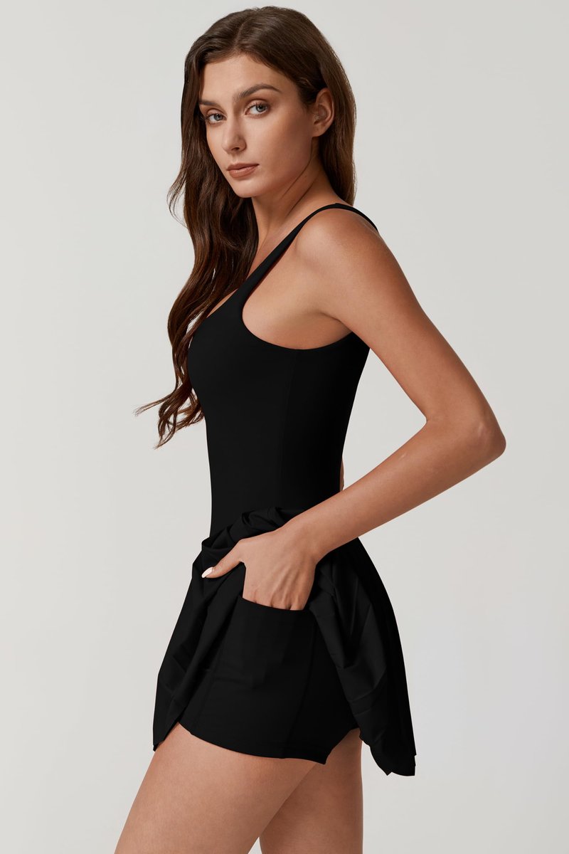 QINSEN Pleated Workout Dress with Built in Shorts Square Neck Sleeveless No Bra Summer Athletic Dress Black M
