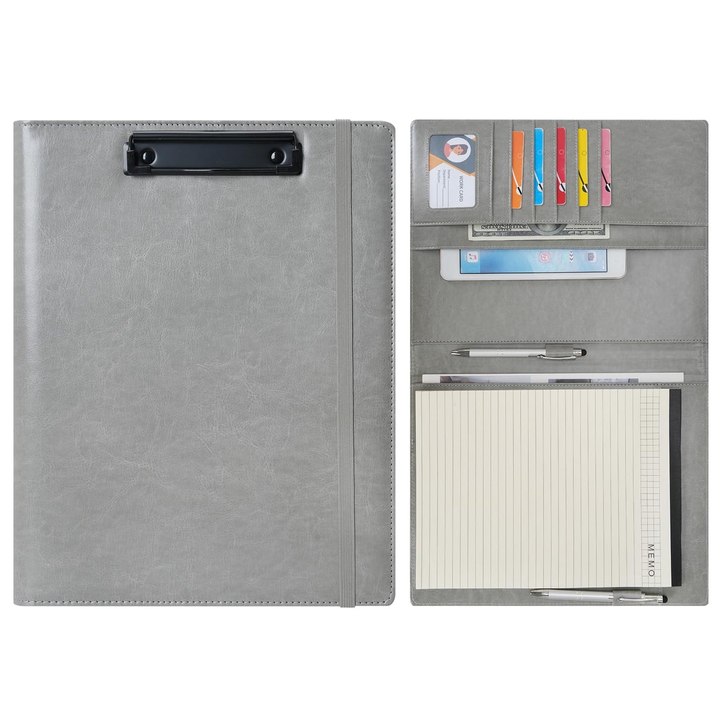 Wonderpool A4 PU Leather Clipboard Partfolio Notepad Forms Holders Document Case - Interview Planner Meeting Writing Padfolio File for Office Travel School Hotel (Grey, A4)