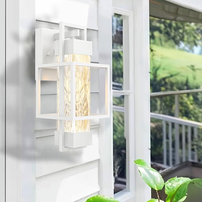 PARTPHONER Modern Outdoor Light Fixture Dusk to Dawn Outdoor Lighting, 15" H Exterior Wall Sconce Waterproof Porch Light, Outside Light for House with Water Glass for Garage Doorway, White