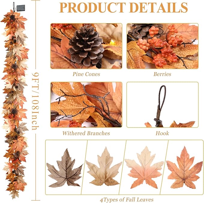 9 FT Fall Garland with Lights Timer Function Autumn Fall Leaves Garland with Berries Pine Cones Realistic Automatic ON/Off Timer Fall Decorations for Home Mantle Fireplace Porch Door Table