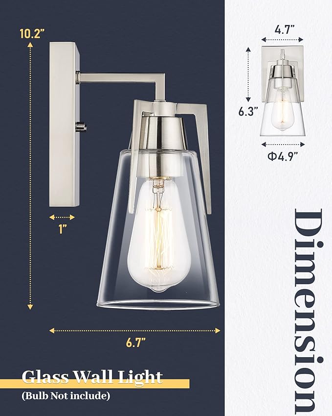 EAPUDUN Bathroom Light Fixtures, Modern Farmhouse 1-Light Bathroom Vanity Light Fixtures, Indoor Wall Lamp in Brushed Nickel Finish, Clear Glass Shade Wall Sconces, WLA1395-BNK