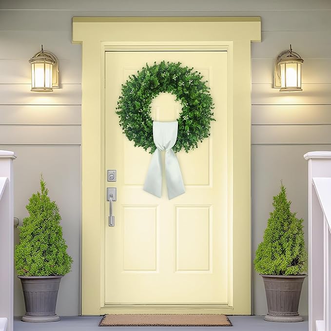 Boxwood Wreaths Front Door 22-24'', Artificial UV Resistant Boxwood Leaves with Flower Core, Greenery Wreath with a Sash for Farmhouse Home Outdoor Indoor Year Round Hanging Decor (Foldable)