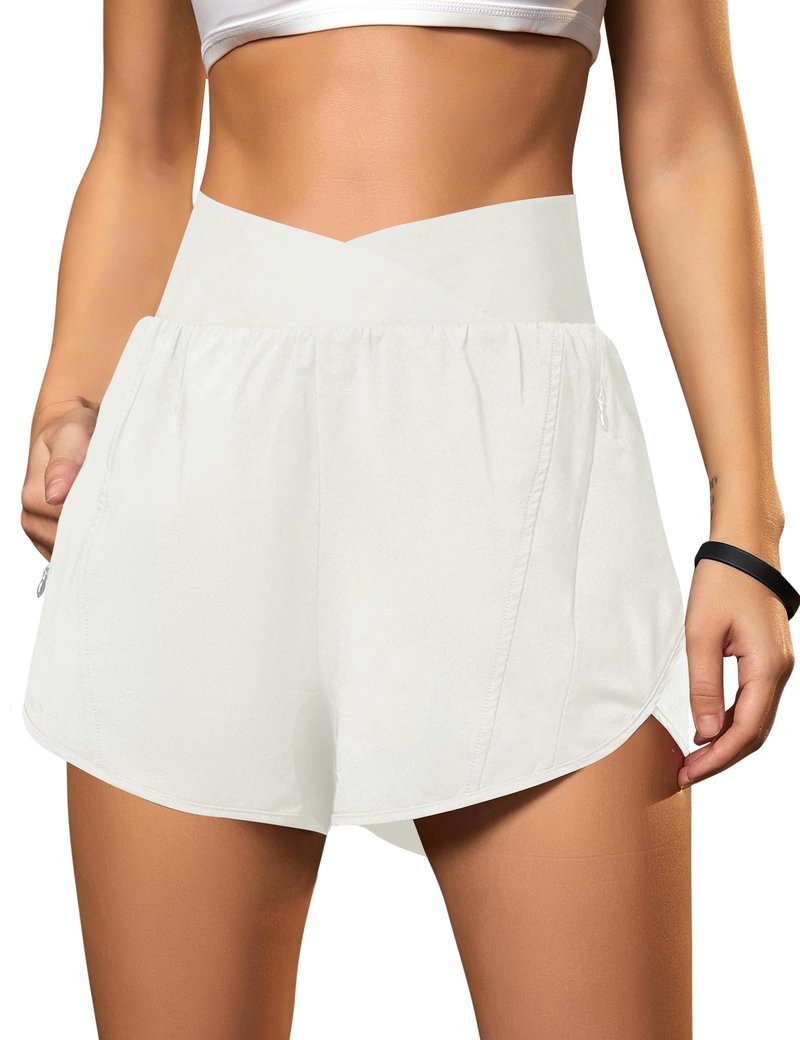 Blooming Jelly Women's Workout Shorts Athletic Running Elastic High Waisted Black Gym Yoga Shorts with Zipper Pockets (White,Medium)