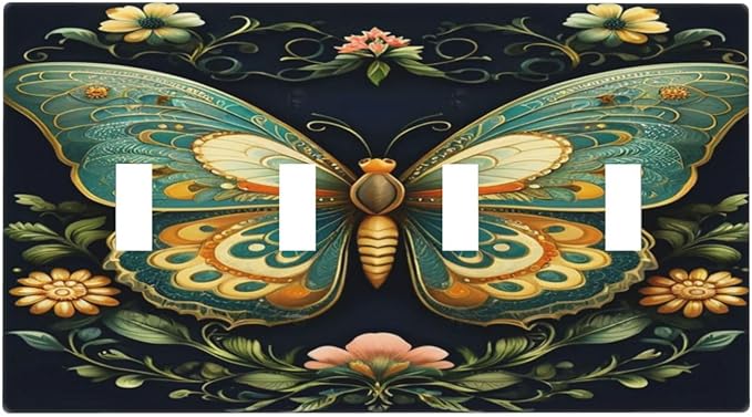 Butterfly Ornate with Flower Light Switch Covers Quad Toggle 4 Gang Wall Plate Decorative Switchplate Electrical Faceplate for Farmhouse Bathroom Living Decor
