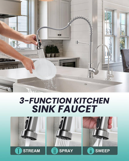 Kitchen Faucet and Water Filter Faucet: Stainless Steel Kitchen Sink Faucet with Drinking Water Faucet - Brushed Nickel Single Handle Tap with Pull Down Sprayer for Kitchen Sink Farmhouse Bar