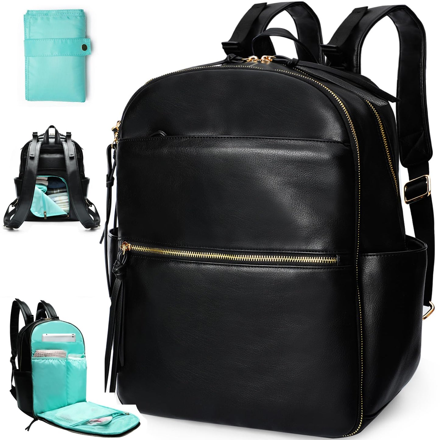 MOMINSIDE Diaper Bag Backpack Leather Diaper Bag with 6 Insulated Pockets, Baby Bag for Mom Dad, Baby Registry, Changing Pad, Stroller Straps,Diaper Backpack Diaper Bag Leather (Black)