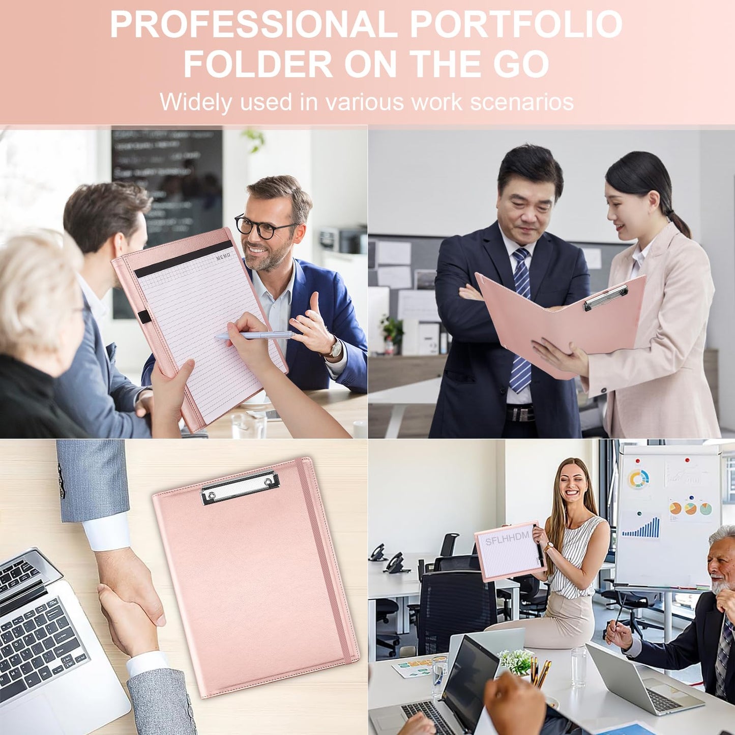 Clipboard Padfolio with Storage Pocket, Clipboard Folder Portfolio Organizer, 360 Degree Foldable Clipboards with Refillable Notepad,Faux Leather Padfolio Organizer for Office School Supplies-Pink
