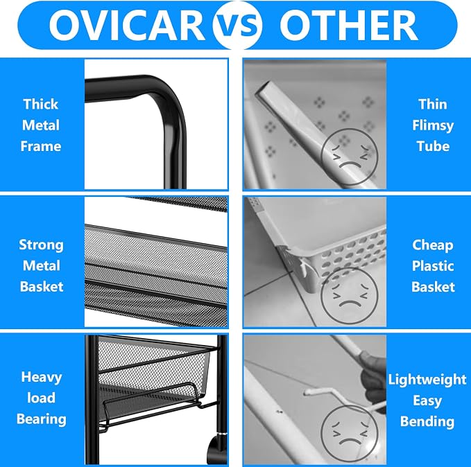 OVICAR 4 Tier Mesh Wire Rolling Cart, Kitchen Storage Organizer Utility Cart, Full Metal Basket Storage Art Trolley Carts with Wheels & 4 Side Hooks