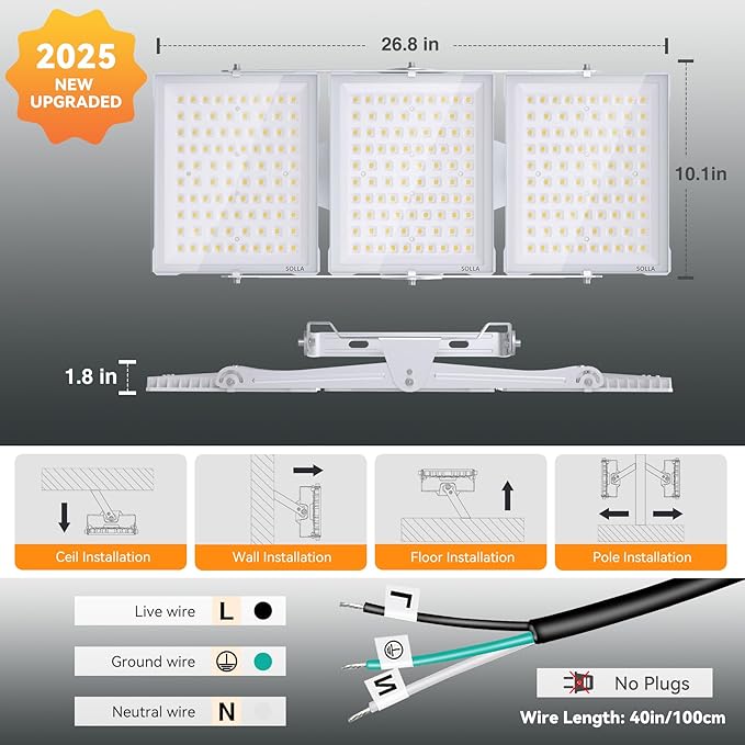 750W 2025 Plus New Upgraded LED Flood Light Outdoor, 75000LM Super Bright Stadium Lights, 6000K Daylight White, IP66 Waterproof, 3 Heads Adjustable Outdoor Floodlight for Yards, Arena, Garden