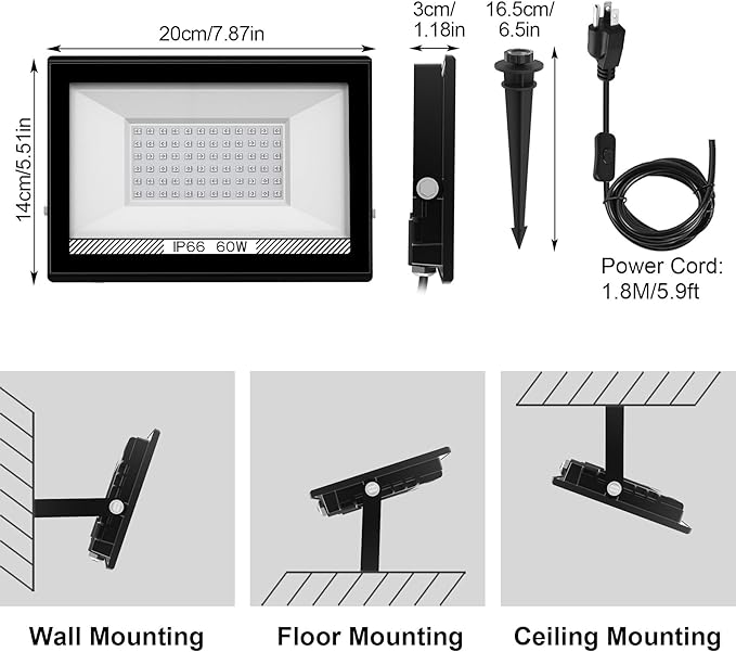 60W Black Lights, 2 Pack LED Blacklight Flood Light with Plug, IP66 Waterproof Black Lights for Glow Party, Stage Lighting, Body Paint, Fluorescent Poster, Neon Glow