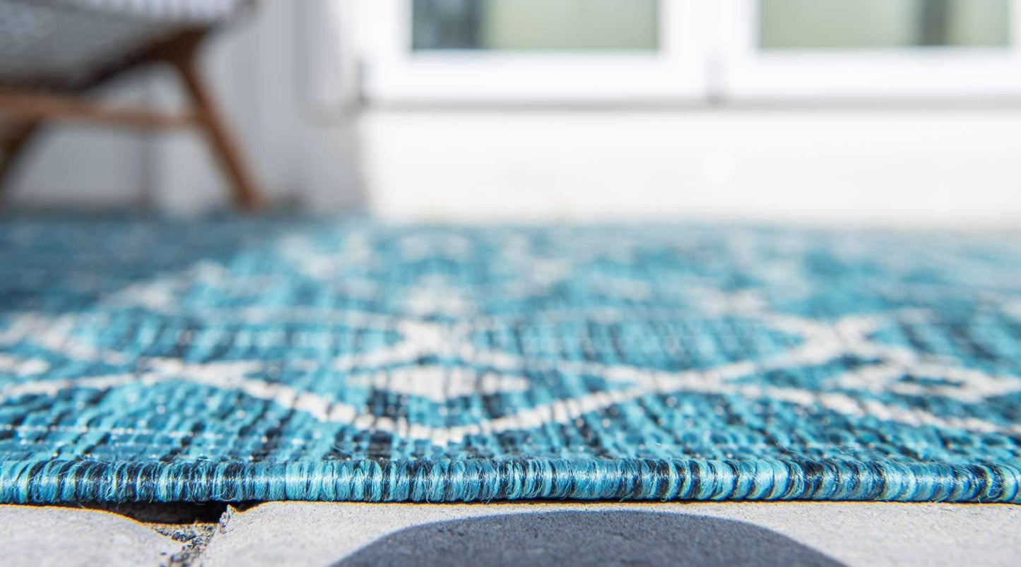 Unique Loom Outdoor Trellis Collection Area Rug - Tribal Trellis (6' 1" x 9' Rectangle, Teal/ Ivory)