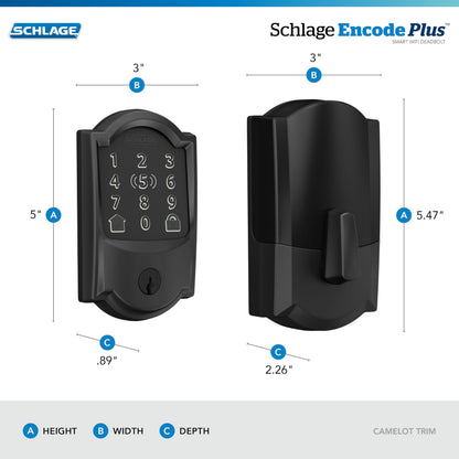 Schlage BE499WB CAM 619 Encode Plus WiFi Deadbolt Smart Lock, Keyless Entry Touchscreen Door Lock with Camelot Trim, Satin Nickel
