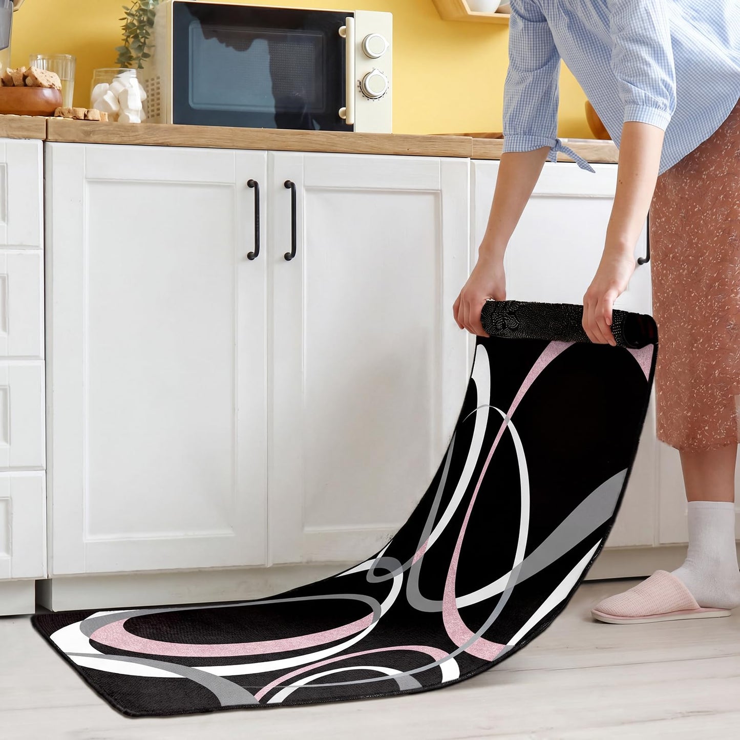 Maasechs 3 Pcs Pink Black Geometric Kitchen Rugs and Mats Set Anti Fatigue Floor Mat Non Slip Washable Modern Abstract Runner Rug Minimalist Kitchen Decor for Home Office Bathroom, 17"x30"+17"x47"