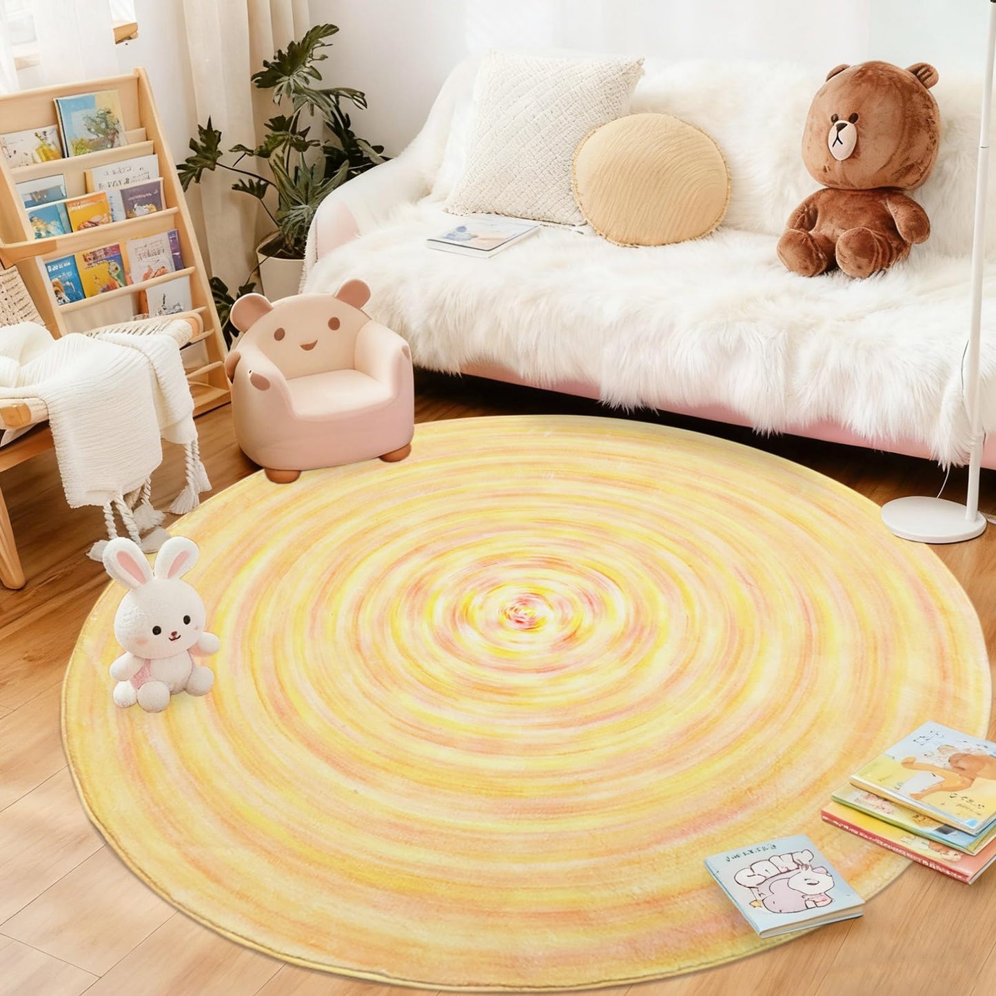 Lacomfy Kids Rug 5.2Ft Round Play Carpet for Boys Girls Bedroom Nursery, Soft Playroom Rug for Toddlers Children, Neutral Modern Abstract Mat for Dorm Bedside Living Room Indoor Decor, Yellow Gradient