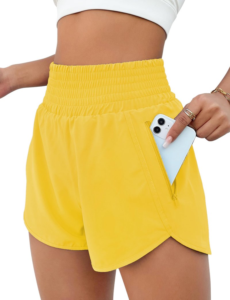 BMJL Women's Athletic Shorts High Waisted Running Short Pocket 2.5" Sporty Shorts Gym Elastic Workout Shorts(XL,Bright Yellow)