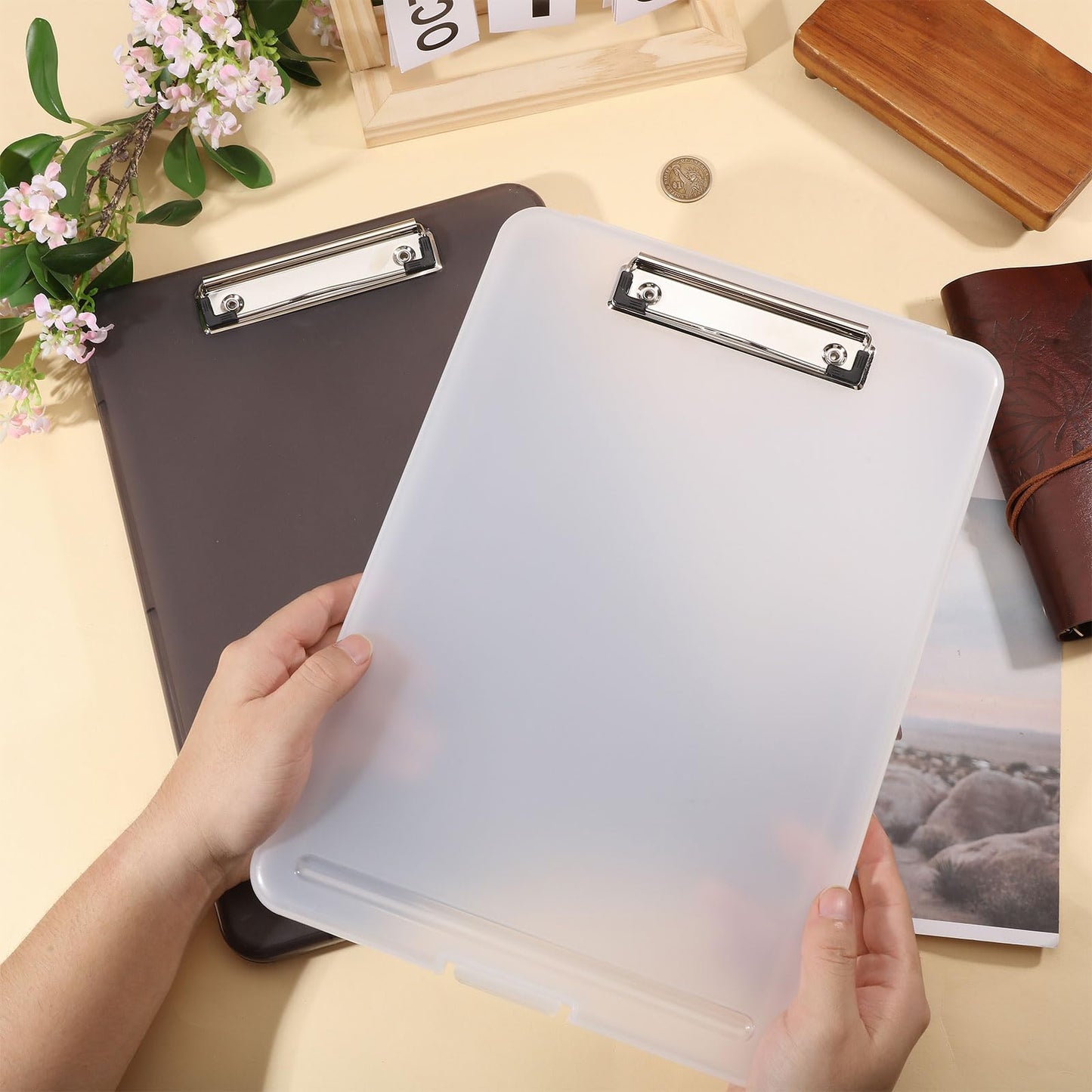 CONCHLERY 2 Pcs 2 Colors Clipboard with Storage 13.4 x 9.4 inch Plastic Clip Board Foldable Storage with Low Profile Clip for Nurses, Students, Classroom, Office, School