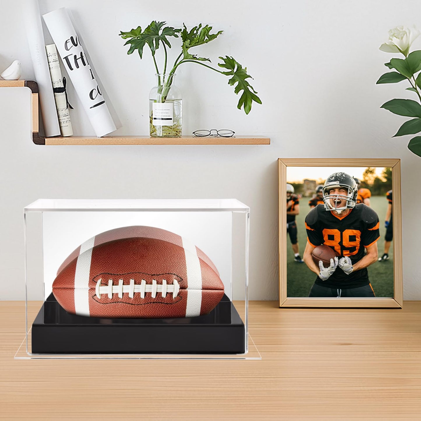 AZM Displays Mini Football Display Case – Clear Acrylic Box with Black Base & Mirror Back | No Assembly Required | Protective Showcase for Autographed & Collectible Mini Footballs