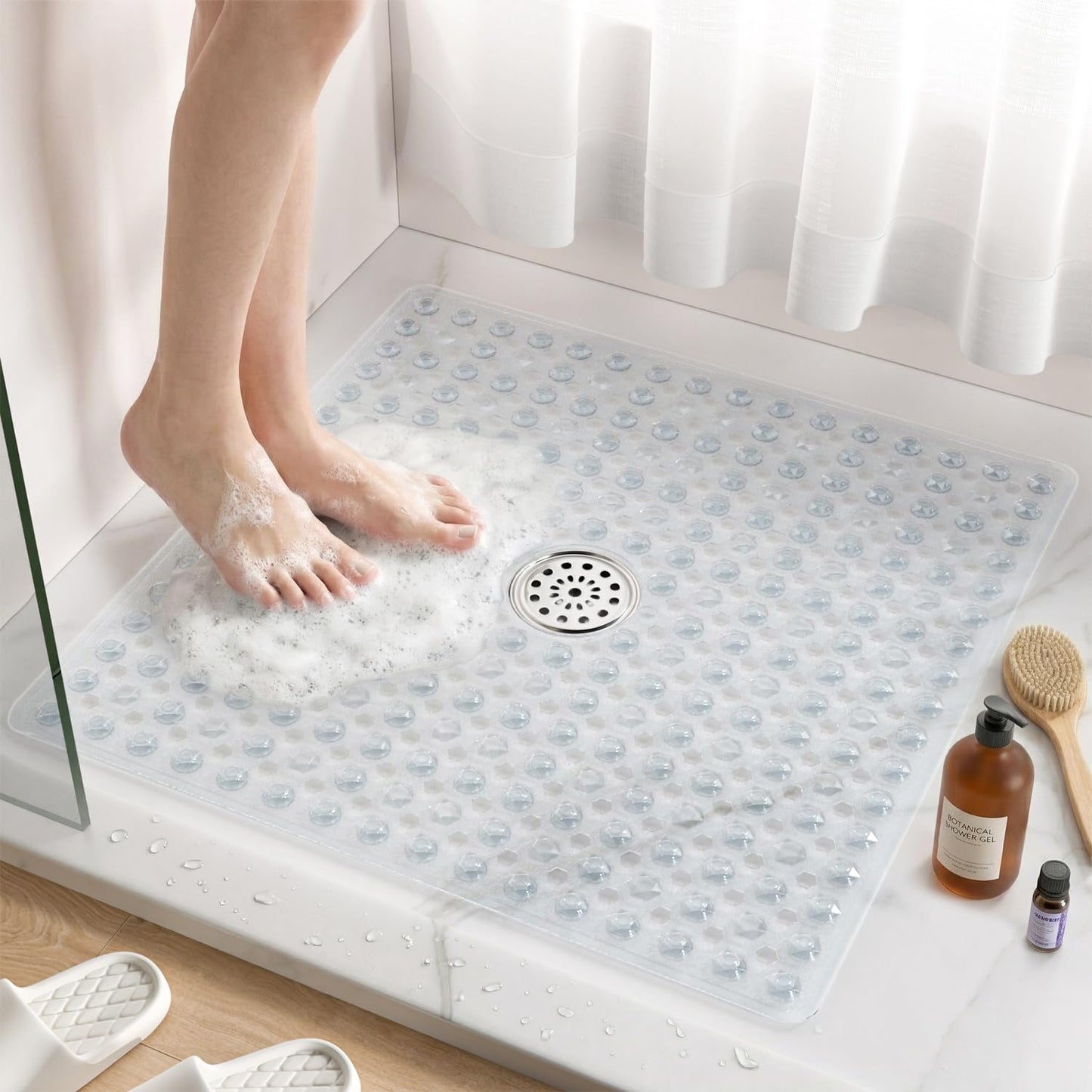 HITSLAM Non Slip Shower Stall Mat with Center Drain Hole, Diamond Textured PVC Bath Mat for Inside Shower, Machine Washable, Strong Suction Cups for Bathroom Bathtub Mat, 24x24 Inch, Clear
