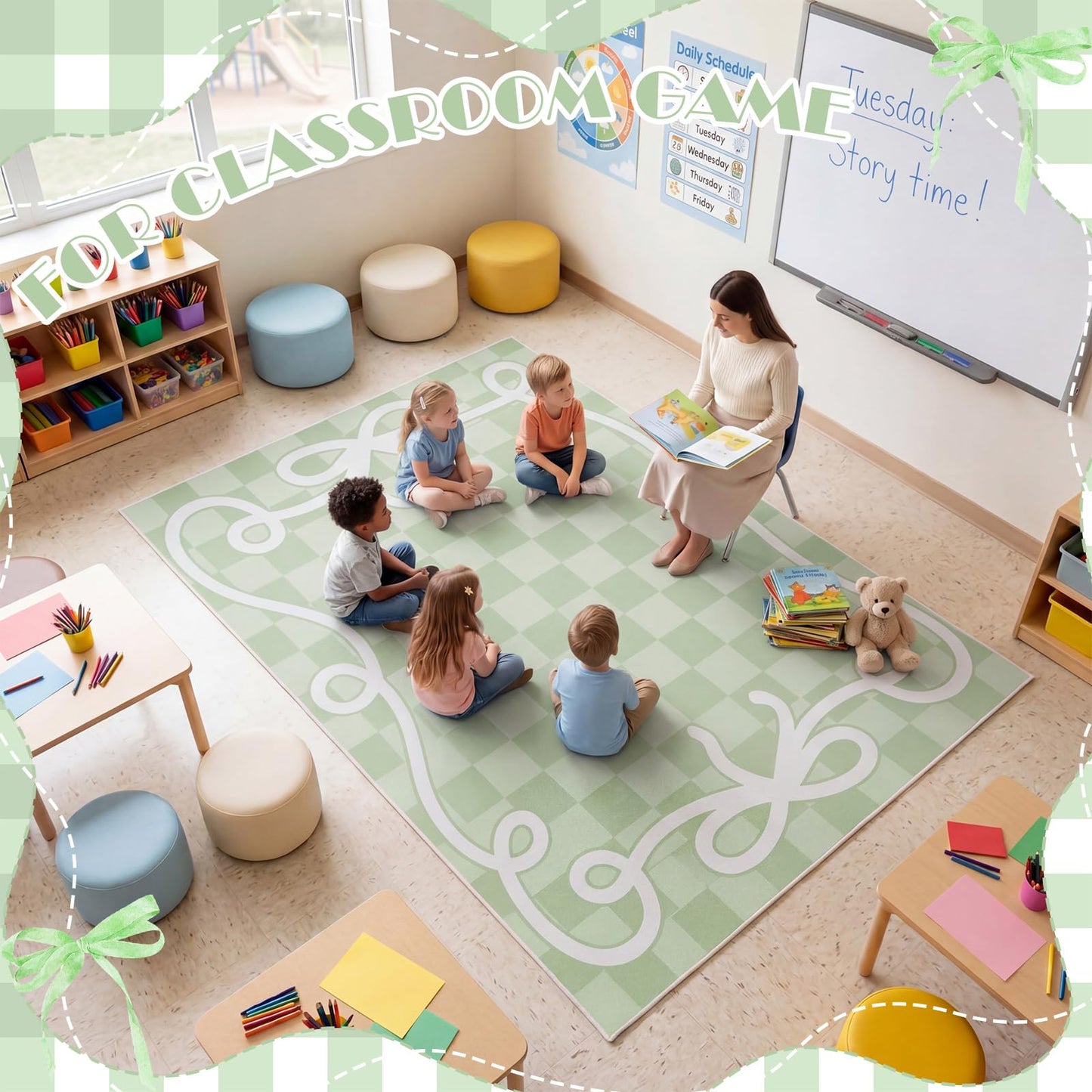 Klyyo Clyro Back to School Decoration Classroom Area Rug Green Bow Border Check Classroom Educational Area Rug for Kids, Children's Schoolroom for Teaching and Playroom, 5 x 7.6 Ft, Seats 20