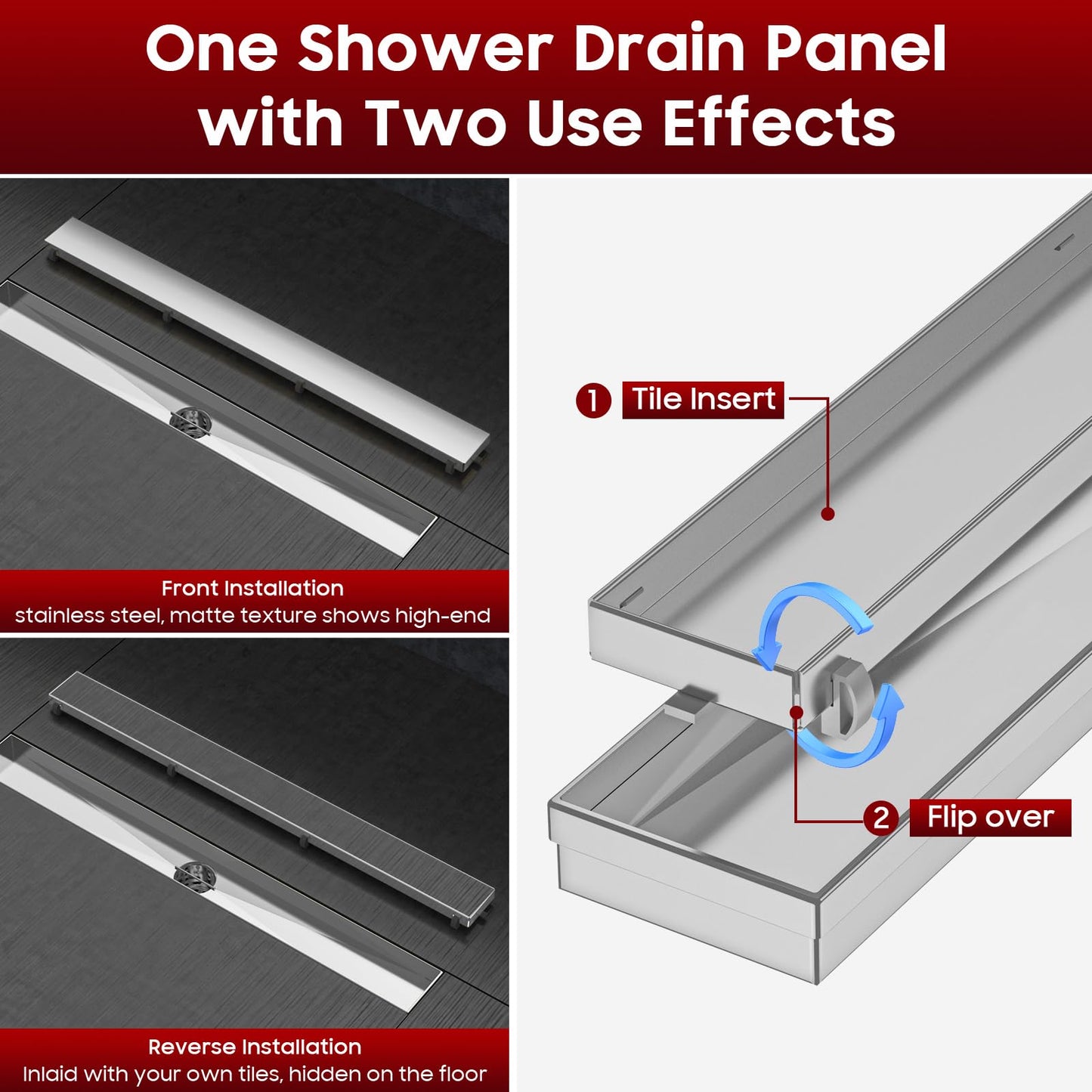 DLONE Linear Shower Drain | 24" AISI 304 Stainless Steel Linear Drain, Brushed Nickel Shower Drain with Tile Insert Panel & Adjustable Feet, Long Rectangle Shower Floor Drain in Bathroom, Balcony etc