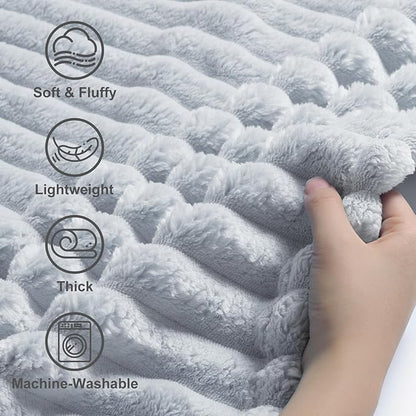 decorUhome Soft Fleece Light Grey Blanket Queen Size for Bed, Cozy Fluffy Plush Flannel Large Striped Throws for Couch Sofa, Lightweight Decorative Fuzzy Blanket for Woman, 90x90 Inches