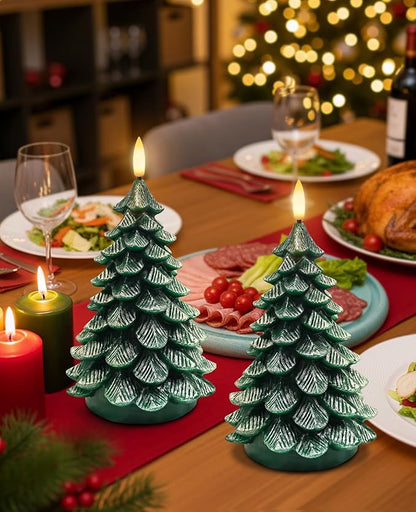 YAUNGEL Christmas Tree Flameless Candles,10-Key Remote and Timer, Real Wax Battery Operated 3D Wick LED Flickering Candles Realistic Christmas Tree for Christmas Holiday Indoor Dinner Decor, 2 Packs