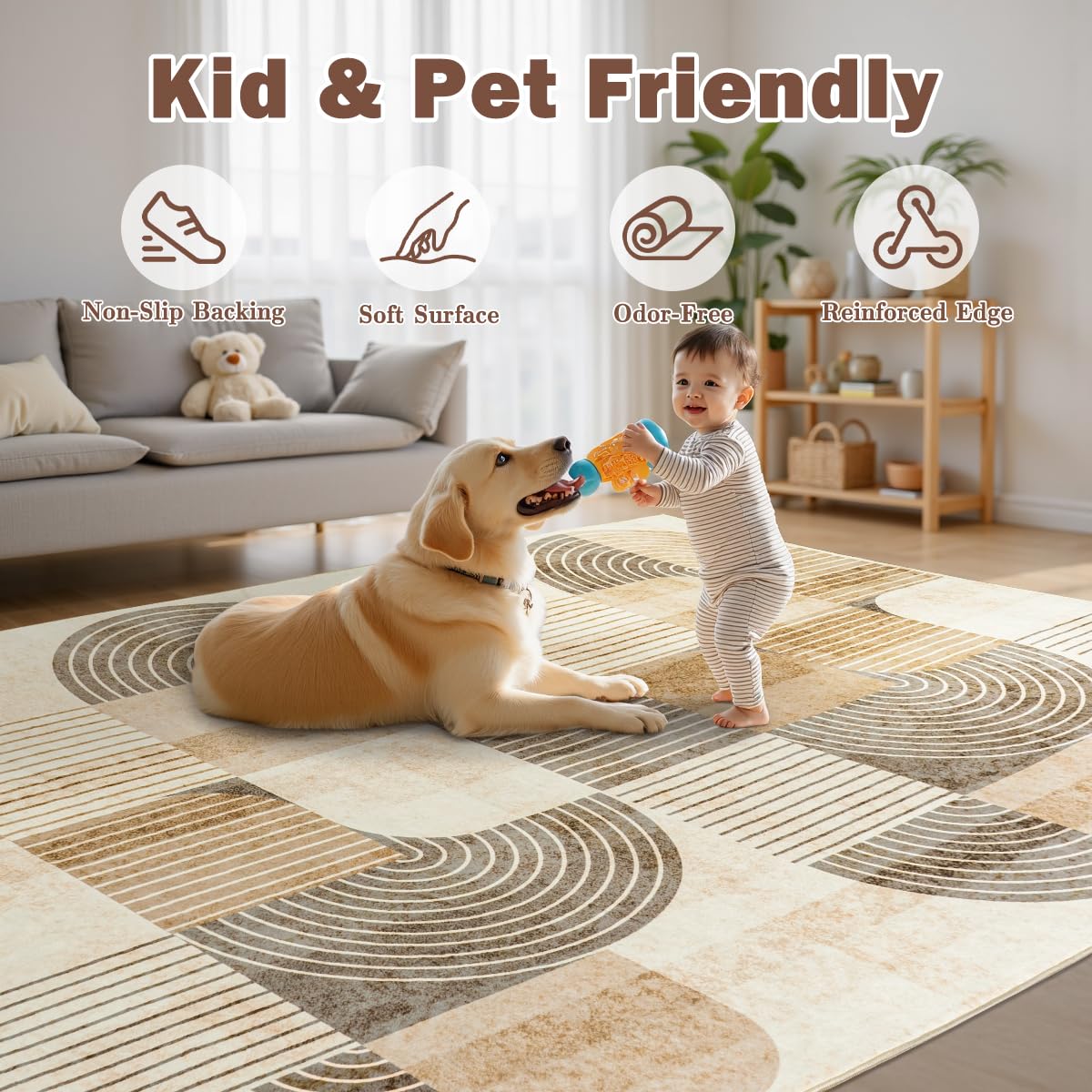 OHDS Area Rugs for Bedroom Living Room 4x6 - Soft Beige Mid Century Modern Rug, Washable Non-Slip Indoor Floor Mat Abstract Neutral Carpet for Dining Room Nursery Office Home