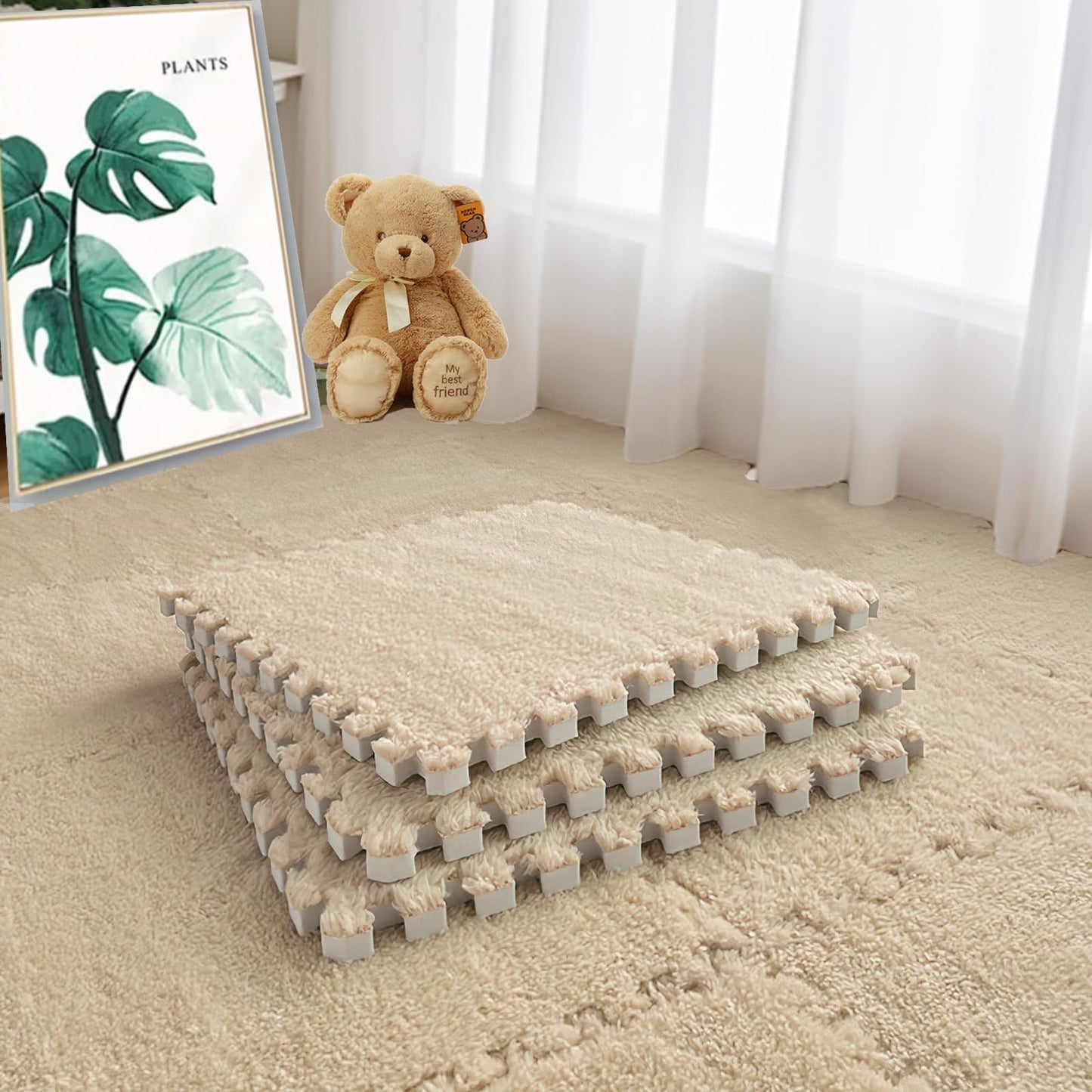 Jaderlu 16pcs 0.6" Thickened Interlocking Tile Mats,Fluffy Shaggy Soft EVA Foam Area Rug for Living Room & Bedroom,Non-Slip Protective Floor Carpet Play Mat Kids Baby Dorm Home Decor (11.8ft, Khaki)