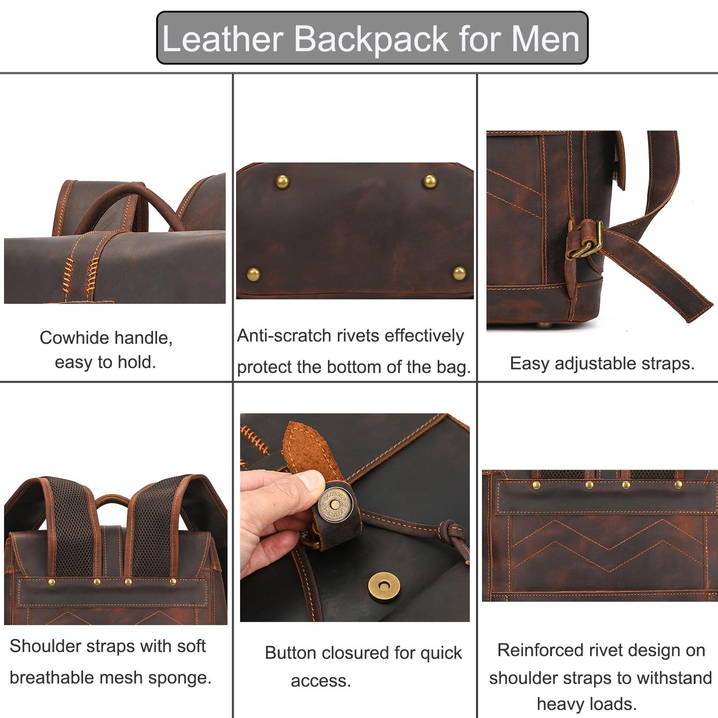 LUUFAN Genuine Leather Backpack for Men Casual 15.6 Inch Laptop Shoulder Bag Rucksack with Anti-Theft Pocket Travel Daypack, Coffee