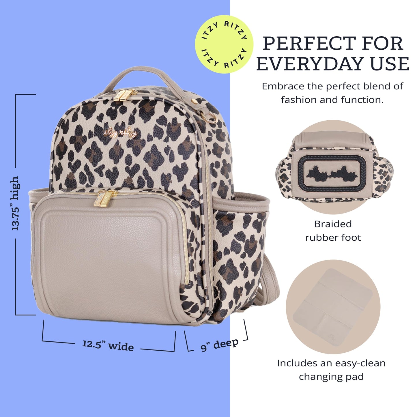 Itzy Ritzy Mini Diaper Bag Backpack – Chic, Compact Mini Plus Backpack with Changing Pad, 10 Pockets (6 Internal, 4 External), Grab-Top Handle & Rubber Feet (Leopard)