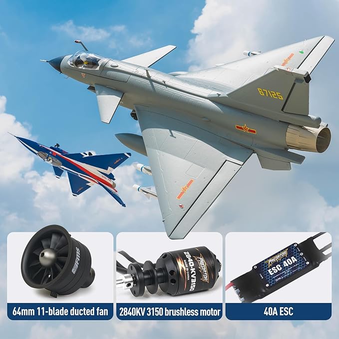 Fms Rc Jets 64mm J10 EDF Fighter Jet with Reflex Vigorous Dragon Rc Airplanes for Adults Remote Control Planes Air Force Gray Paint PNP(NO Transmitter Batteries and Charger)