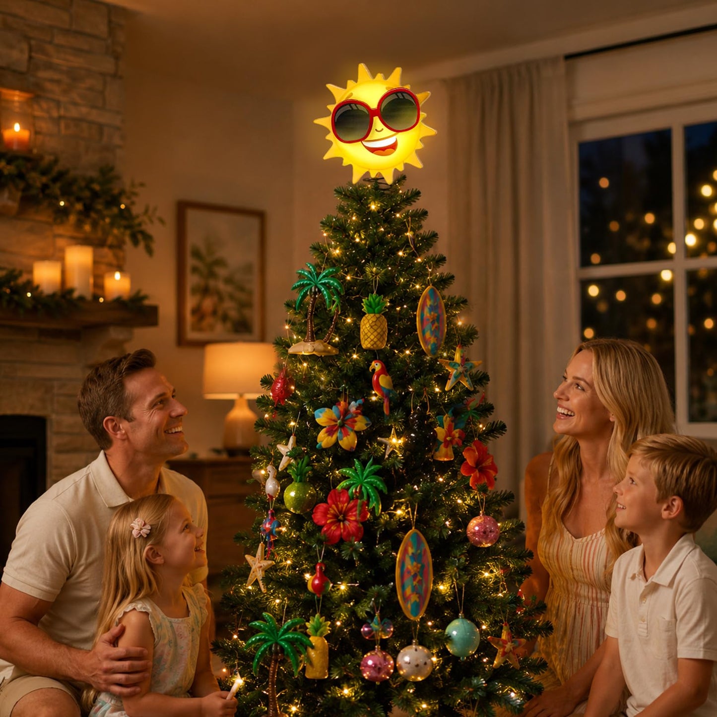 APUDWN 9.6 x 6.5 Inch Wood Sun Tree Topper with LED Lights, Summer Tree Decorations for Tropical Beach Luau Party Tabletop Battery Powered 3D Sunglasses Smiling Face Holiday Decor